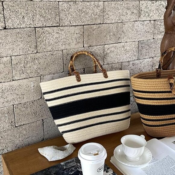 Women's Straw Tote Bag Cotton Large Capacity Woven Handbag Shoulder Bag - Picture 7 of 7